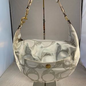White and Metallic Silver Satin and Leather Hobo